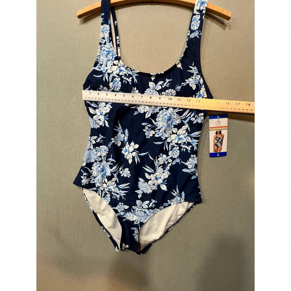 NWT OP One-piece Swimsuit Blue White Floral Size L - Picture 2 of 6